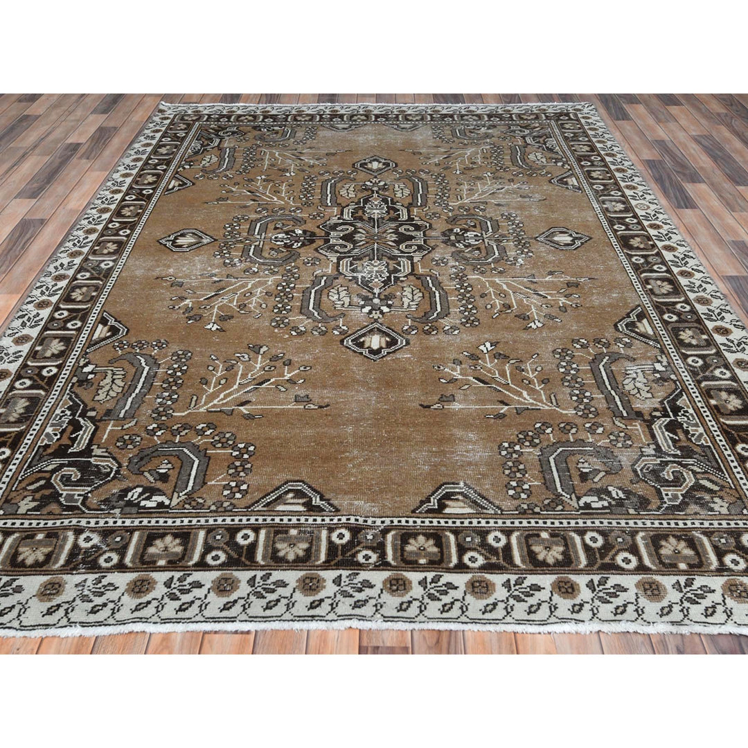 7'0" x 10'0" Vintage Hand Knotted Brown Worn Wool Rectangle Oriental Rug - MOA10281021