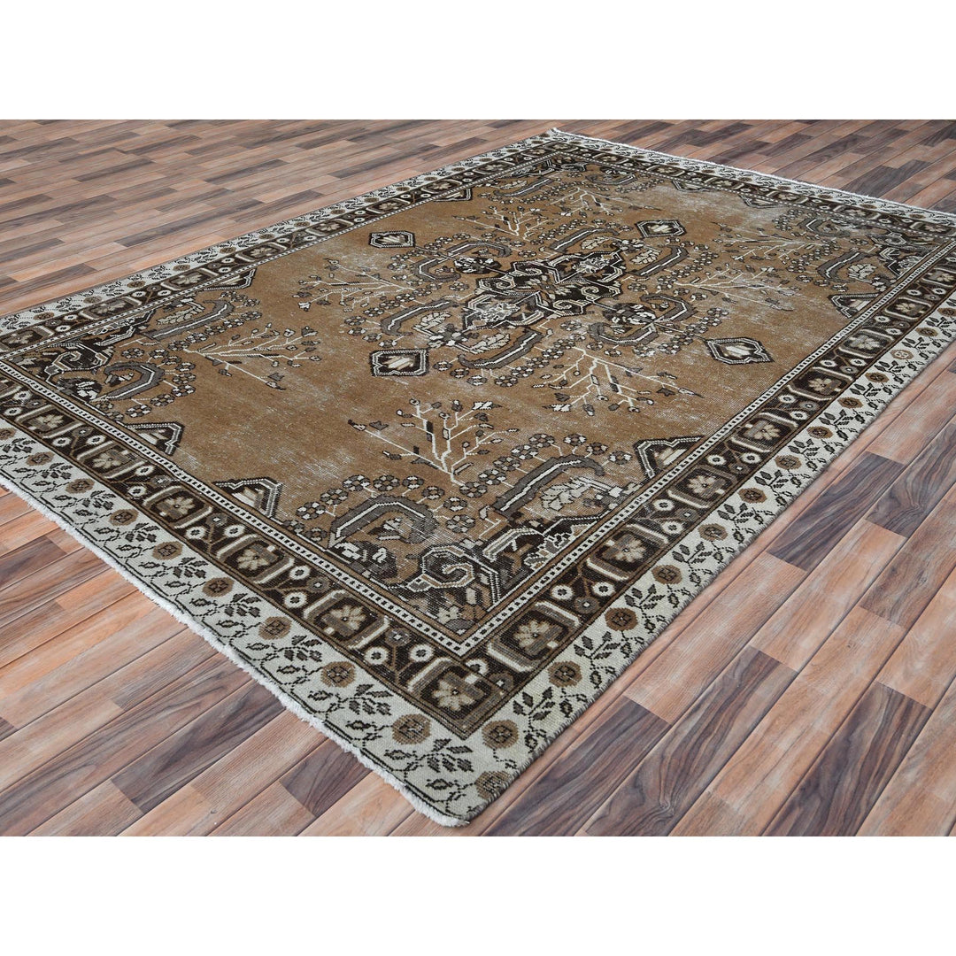 7'0" x 10'0" Vintage Hand Knotted Brown Worn Wool Rectangle Oriental Rug - MOA10281021