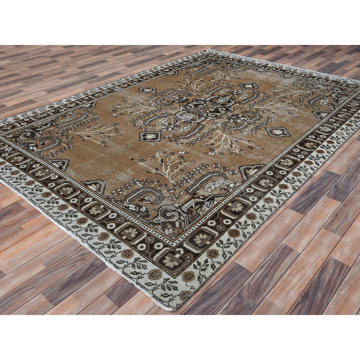 7'0" x 10'0" Vintage Hand Knotted Brown Worn Wool Rectangle Oriental Rug - MOA10281021