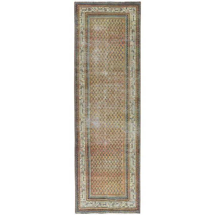 3'2" x 10'5" Vintage Hand Knotted Brown Worn Wool Runner Oriental Rug - MOA10281043