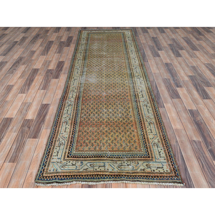 3'2" x 10'5" Vintage Hand Knotted Brown Worn Wool Runner Oriental Rug - MOA10281043