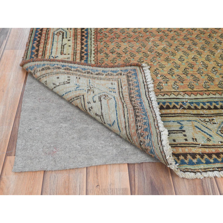 3'2" x 10'5" Vintage Hand Knotted Brown Worn Wool Runner Oriental Rug - MOA10281043