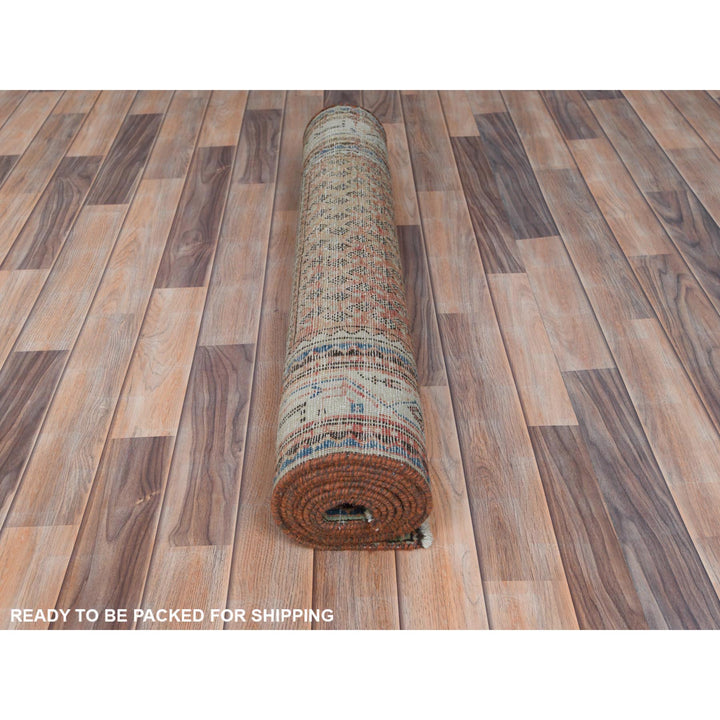 3'2" x 10'5" Vintage Hand Knotted Brown Worn Wool Runner Oriental Rug - MOA10281043
