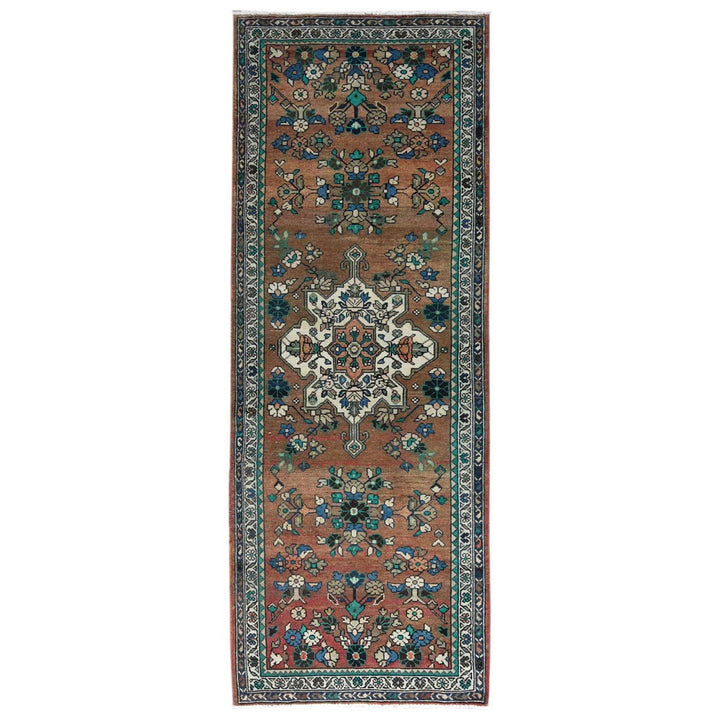 3'7" x 9'9" Vintage Hand Knotted Brown Worn Wool Runner Oriental Rug - MOA10281061