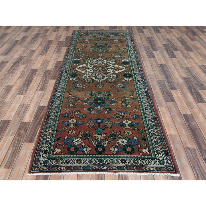 3'7" x 9'9" Vintage Hand Knotted Brown Worn Wool Runner Oriental Rug - MOA10281061