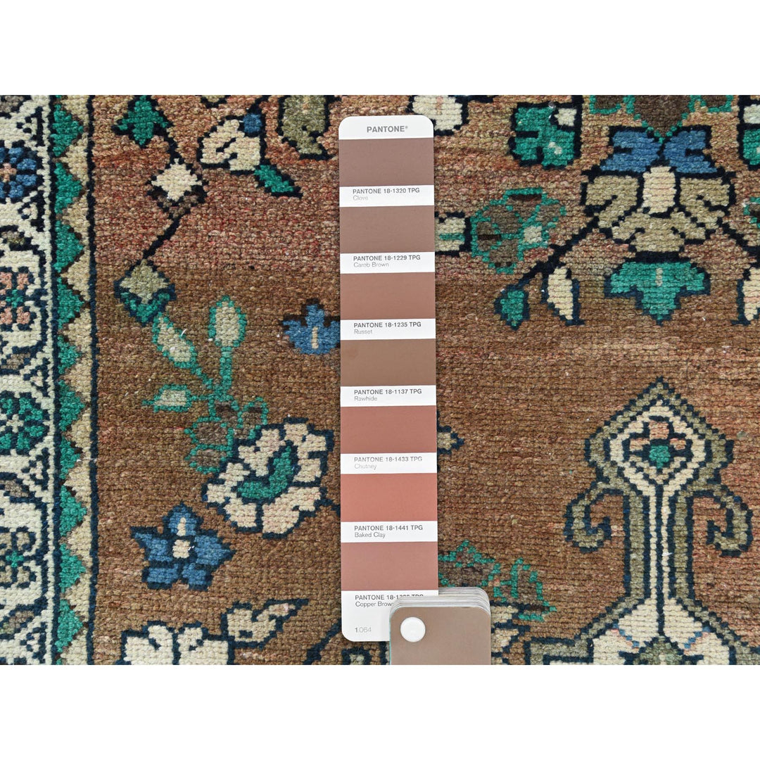 3'7" x 9'9" Vintage Hand Knotted Brown Worn Wool Runner Oriental Rug - MOA10281061