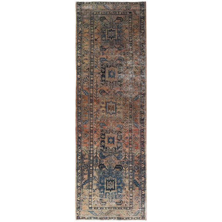 3'5" x 10'6" Vintage Hand Knotted Brown Worn Wool Runner Oriental Rug - MOA10281077