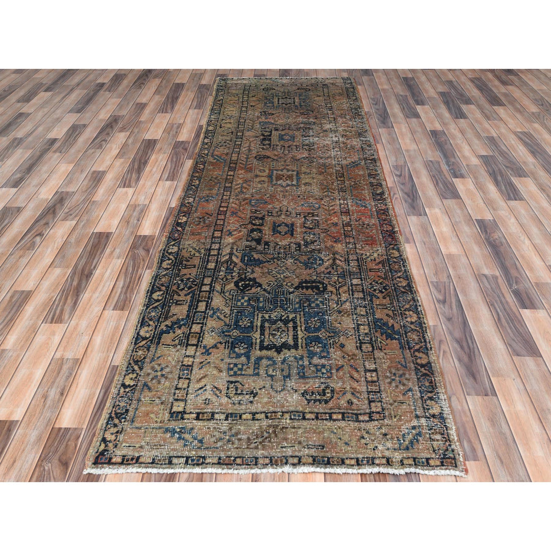 3'5" x 10'6" Vintage Hand Knotted Brown Worn Wool Runner Oriental Rug - MOA10281077