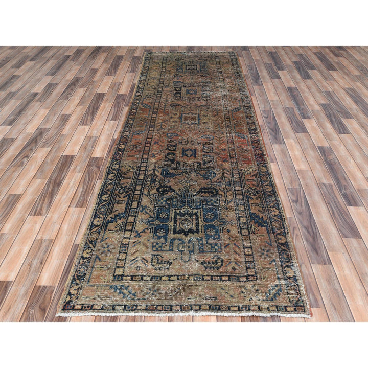 3'5" x 10'6" Vintage Hand Knotted Brown Worn Wool Runner Oriental Rug - MOA10281077