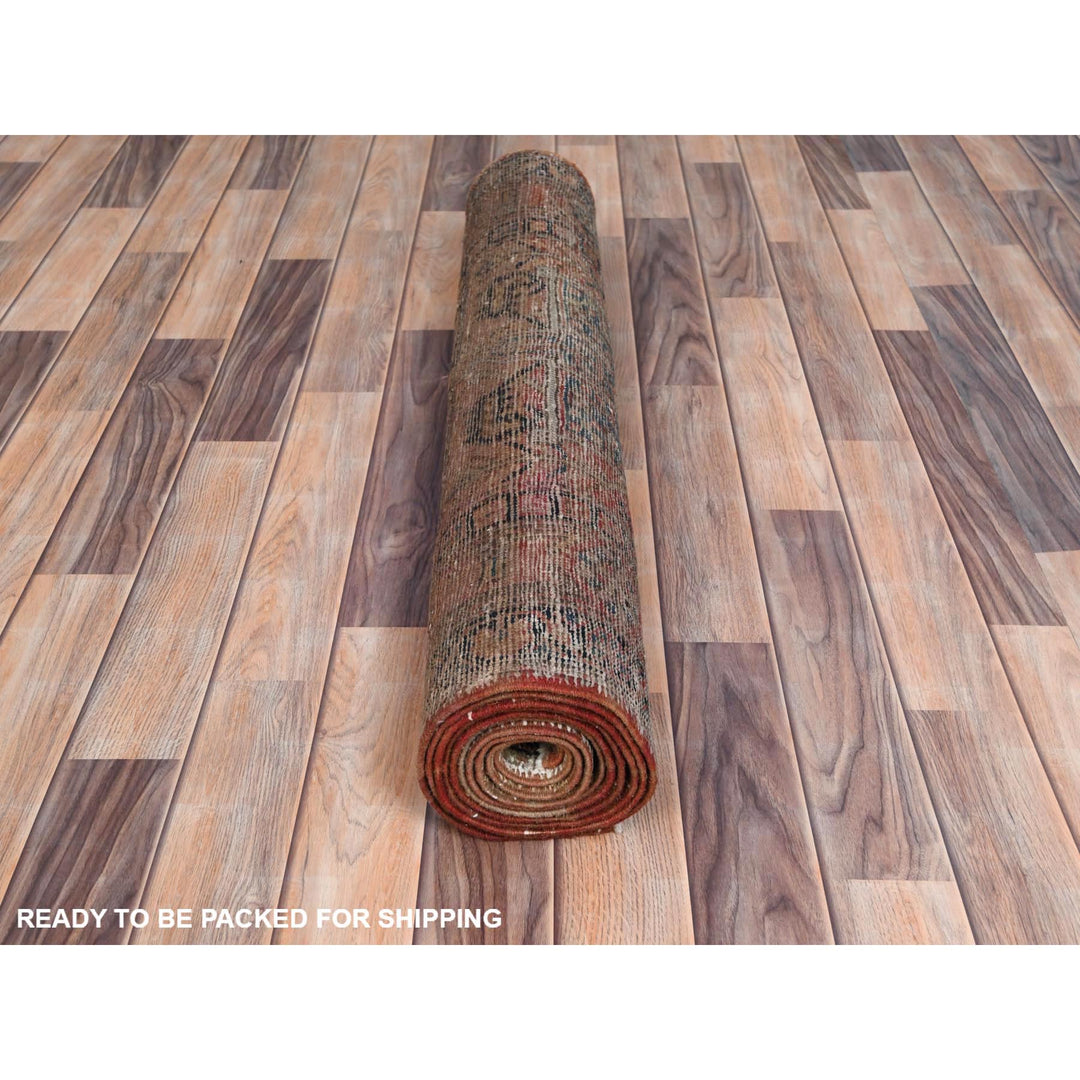 3'5" x 10'6" Vintage Hand Knotted Brown Worn Wool Runner Oriental Rug - MOA10281077