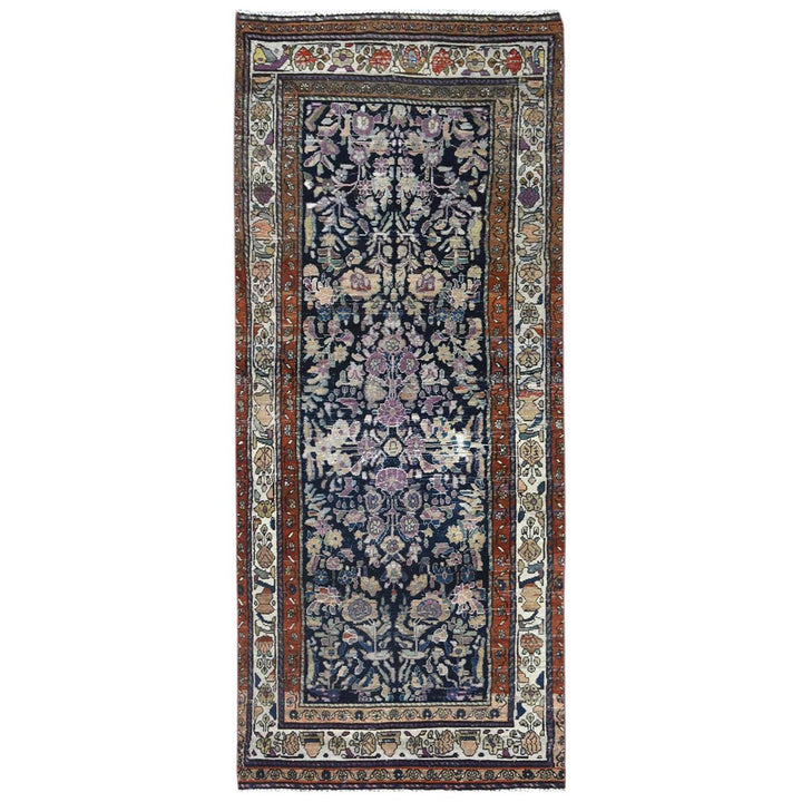 3'9" x 9'2" Vintage Hand Knotted Blue Worn Wool Runner Oriental Rug - MOA10281185