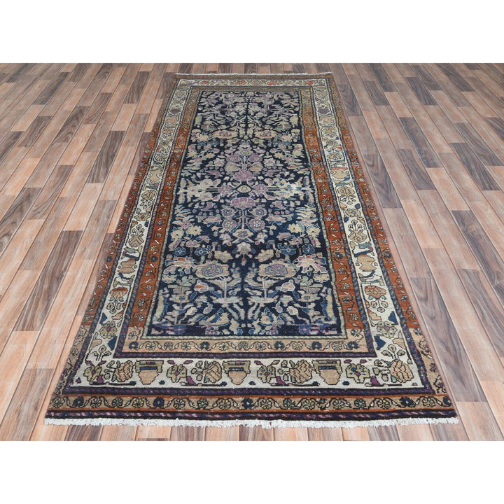 3'9" x 9'2" Vintage Hand Knotted Blue Worn Wool Runner Oriental Rug - MOA10281185