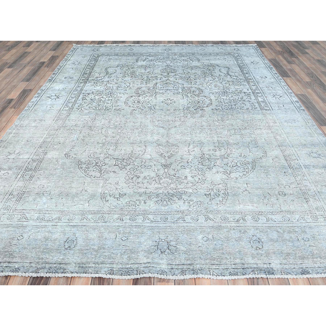 8'2" x 11'2" Vintage Hand Knotted Ivory Worn Wool Rectangle Oriental Rug - MOA10281704