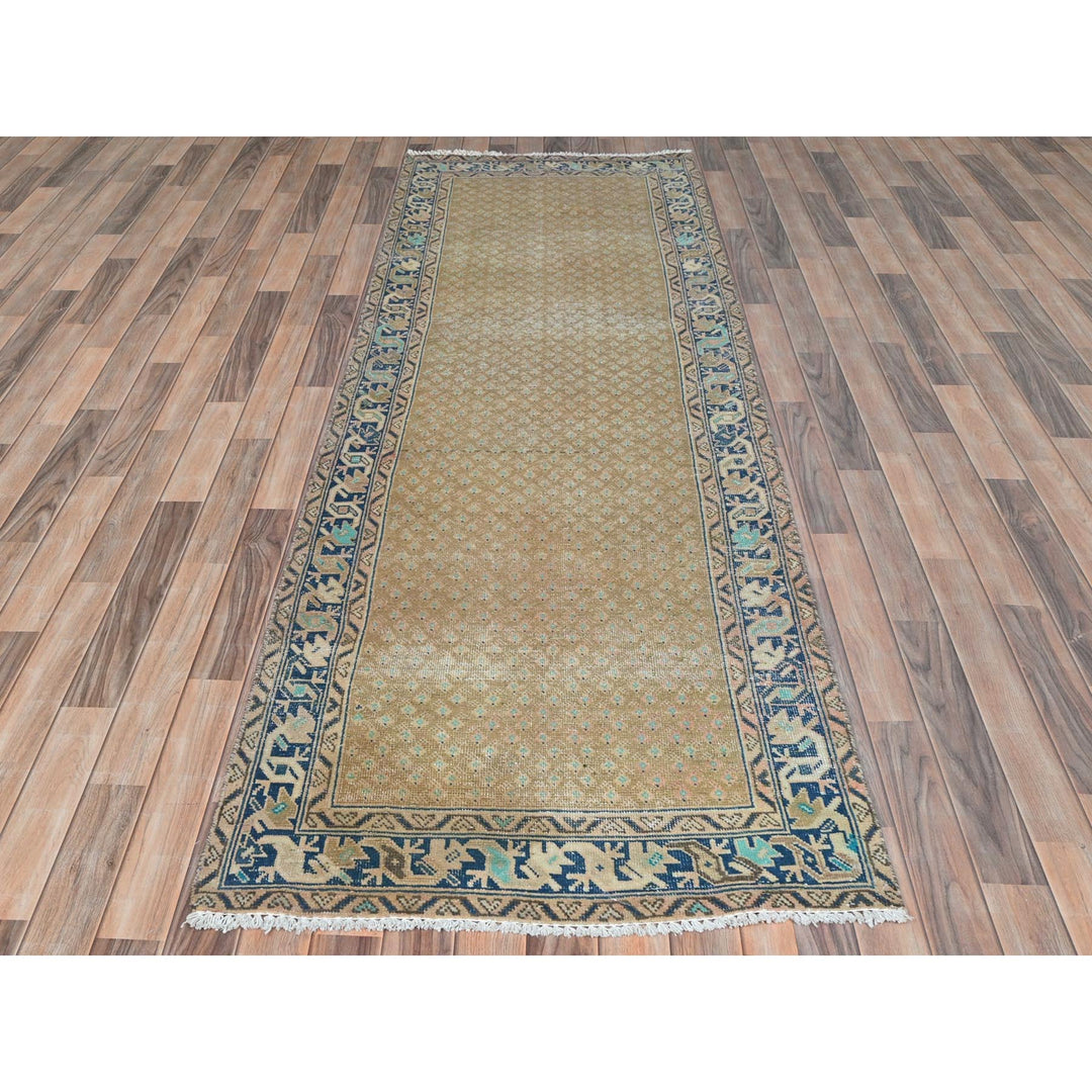 3'3" x 9'9" Vintage Hand Knotted Brown Wool Runner Oriental Rug - MOA10281897