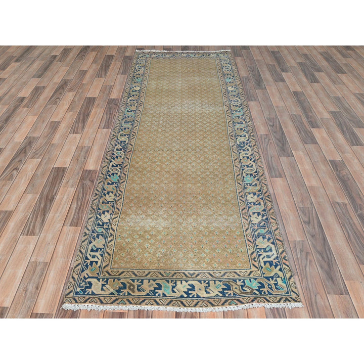 3'3" x 9'9" Vintage Hand Knotted Brown Wool Runner Oriental Rug - MOA10281897