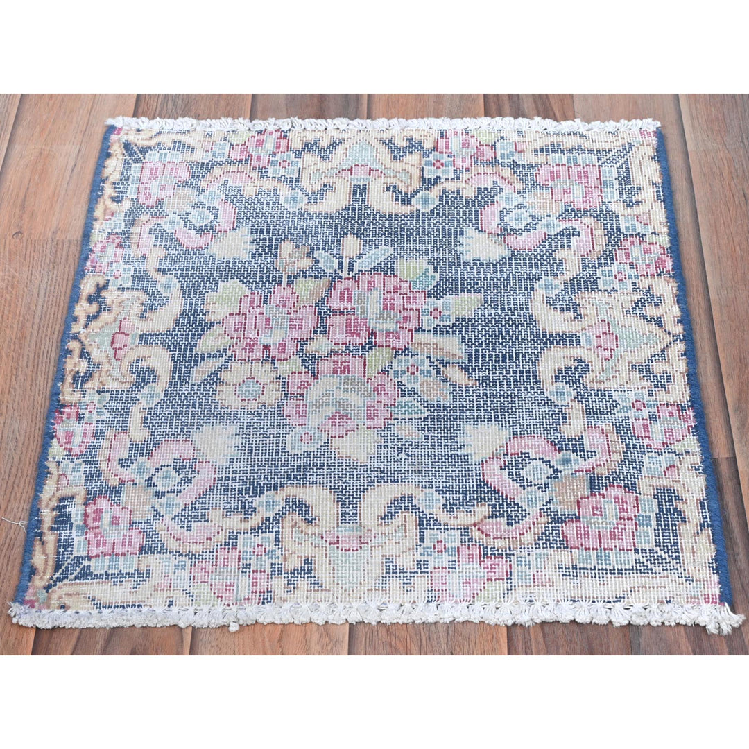 1'5" x 1'6" Vintage Hand Knotted Blue Cotton Square Oriental Rug - MOA10281958