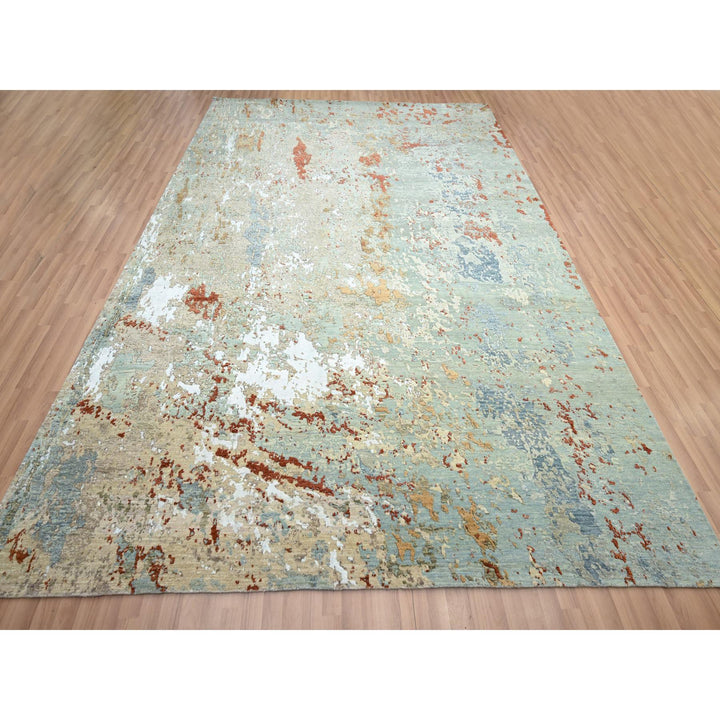 9'0" x 12'3" New Hand Knotted Green Wool Rectangle Oriental Rug - MOA10283148