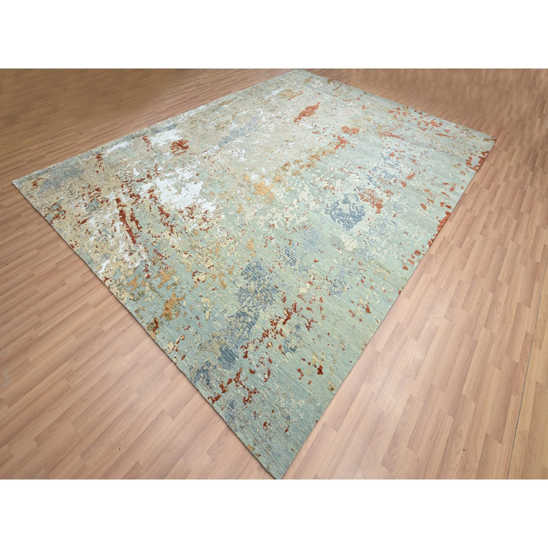 9'0" x 12'3" New Hand Knotted Green Wool Rectangle Oriental Rug - MOA10283148