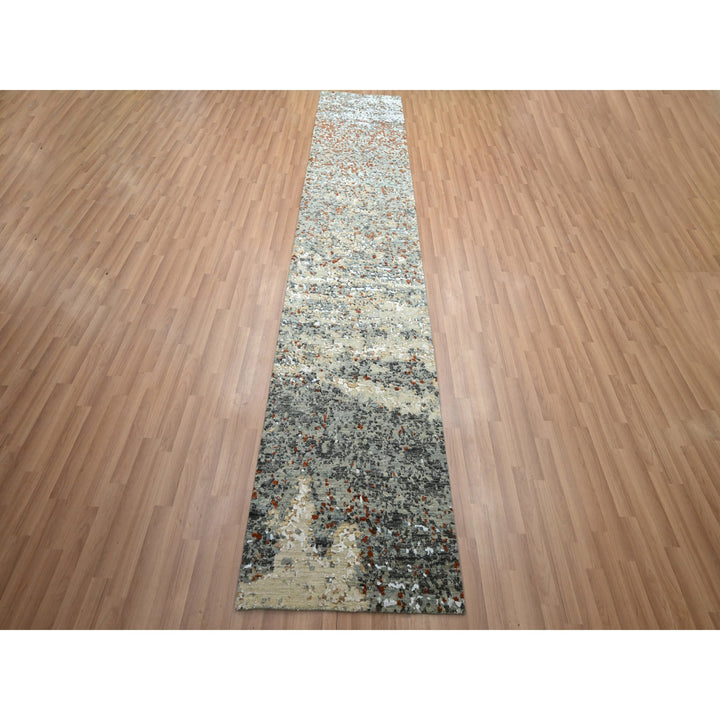 2'7" x 12'1" New Hand Knotted Grey Wool Runner Oriental Rug - MOA10283170