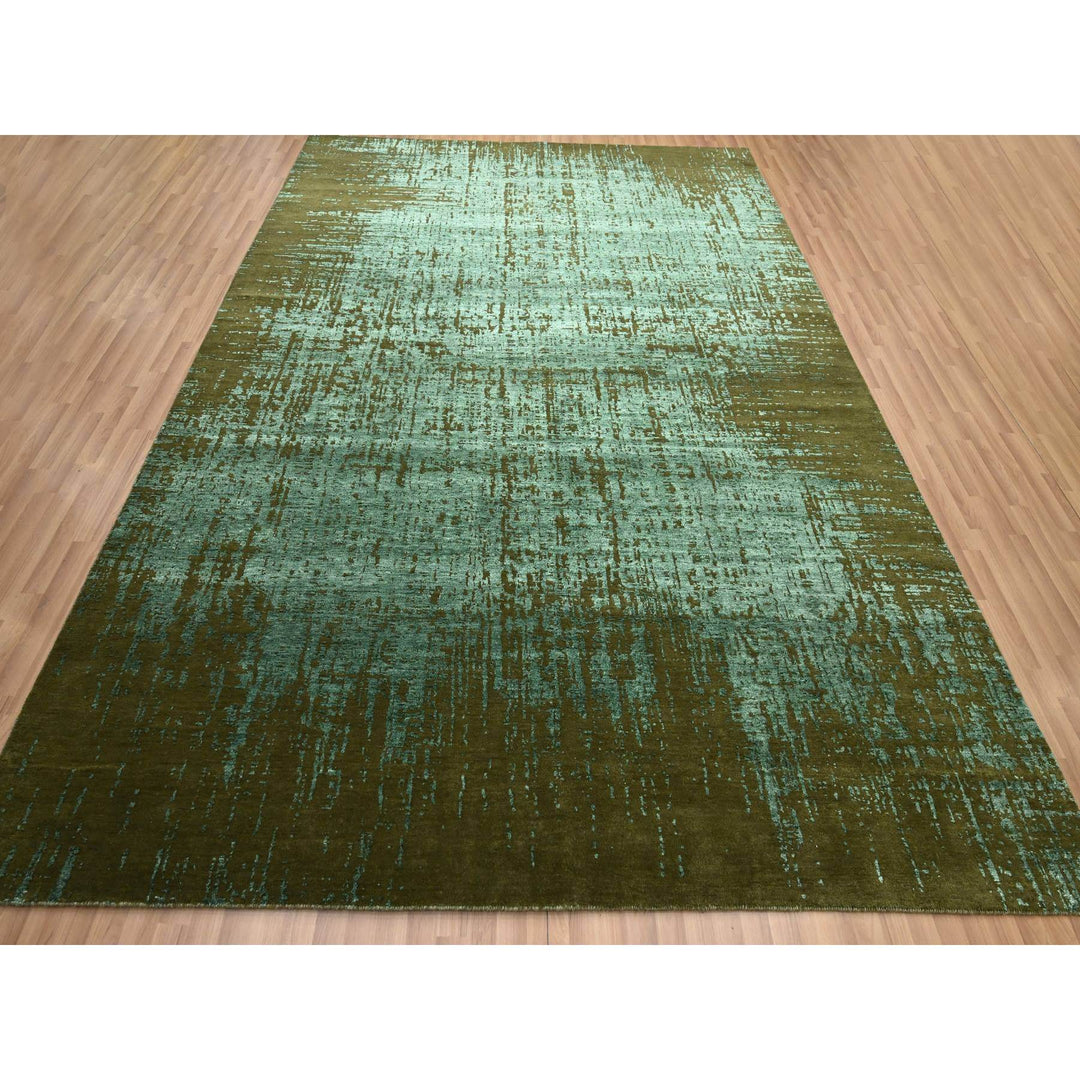 9'0" x 11'8" New Hand Knotted Green Wool Rectangle Oriental Rug - MOA10283191