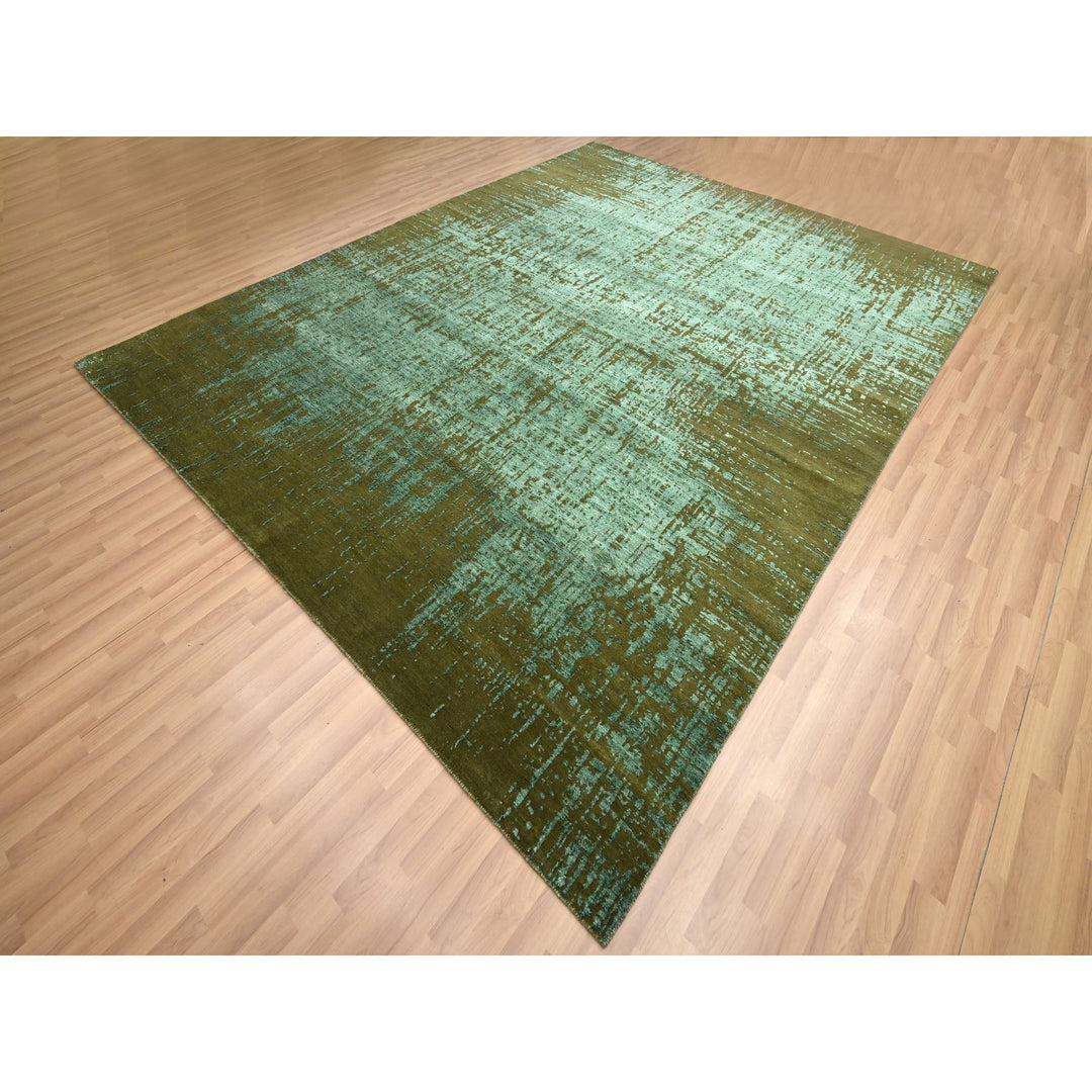 9'0" x 11'8" New Hand Knotted Green Wool Rectangle Oriental Rug - MOA10283191