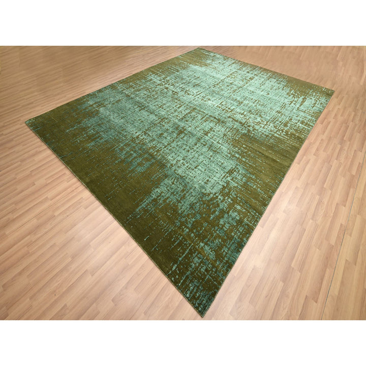 9'0" x 11'8" New Hand Knotted Green Wool Rectangle Oriental Rug - MOA10283191