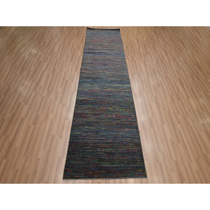 3'0" x 10'1" New Hand Knotted Blue Wool & Silk Runner Oriental Rug - MOA10283243