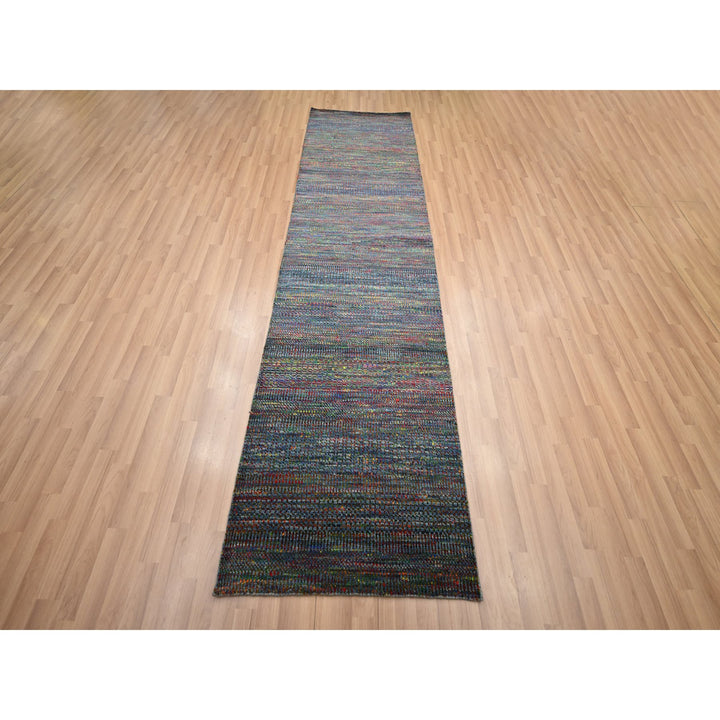 2'9" x 10'2" New Hand Knotted Blue Wool & Silk Runner Oriental Rug - MOA10283245