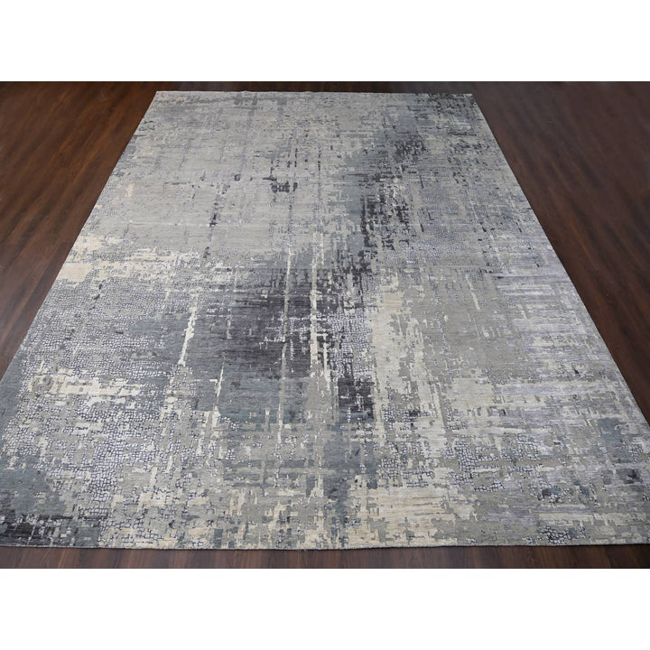 14'0" x 18'0" New Hand Knotted Grey Wool & Silk Rectangle Oriental Rug - MOA10284031