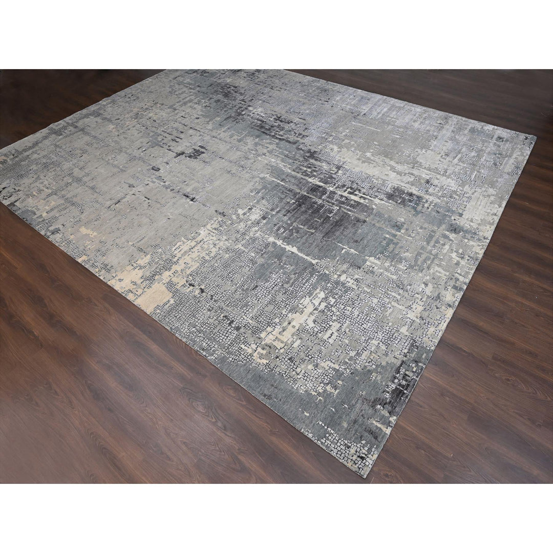 14'0" x 18'0" New Hand Knotted Grey Wool & Silk Rectangle Oriental Rug - MOA10284031