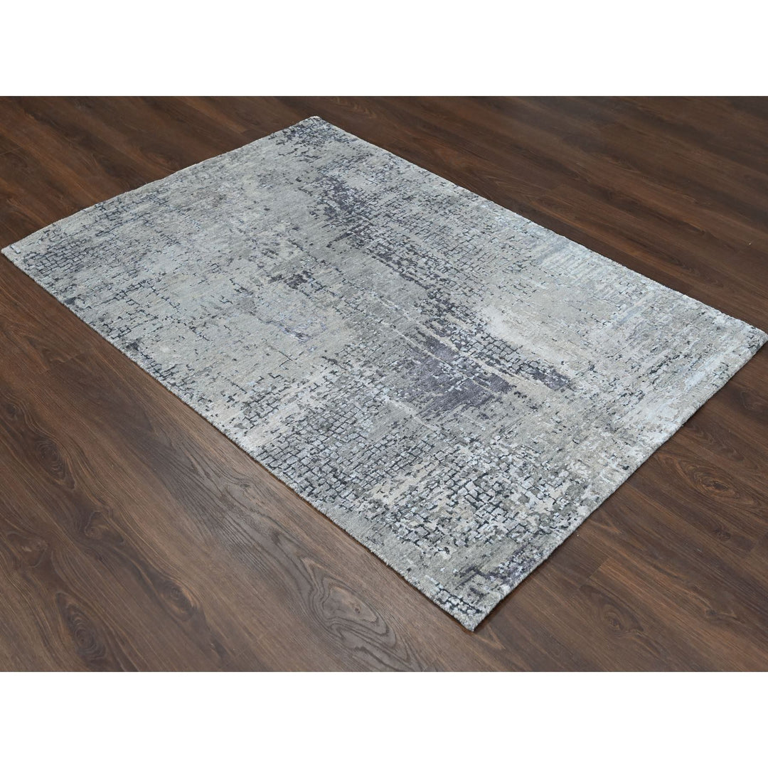 4'2" x 6'0" New Hand Knotted Grey Wool & Silk Rectangle Oriental Rug - MOA10284116