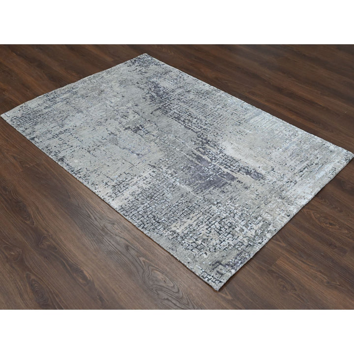 4'2" x 6'0" New Hand Knotted Grey Wool & Silk Rectangle Oriental Rug - MOA10284116