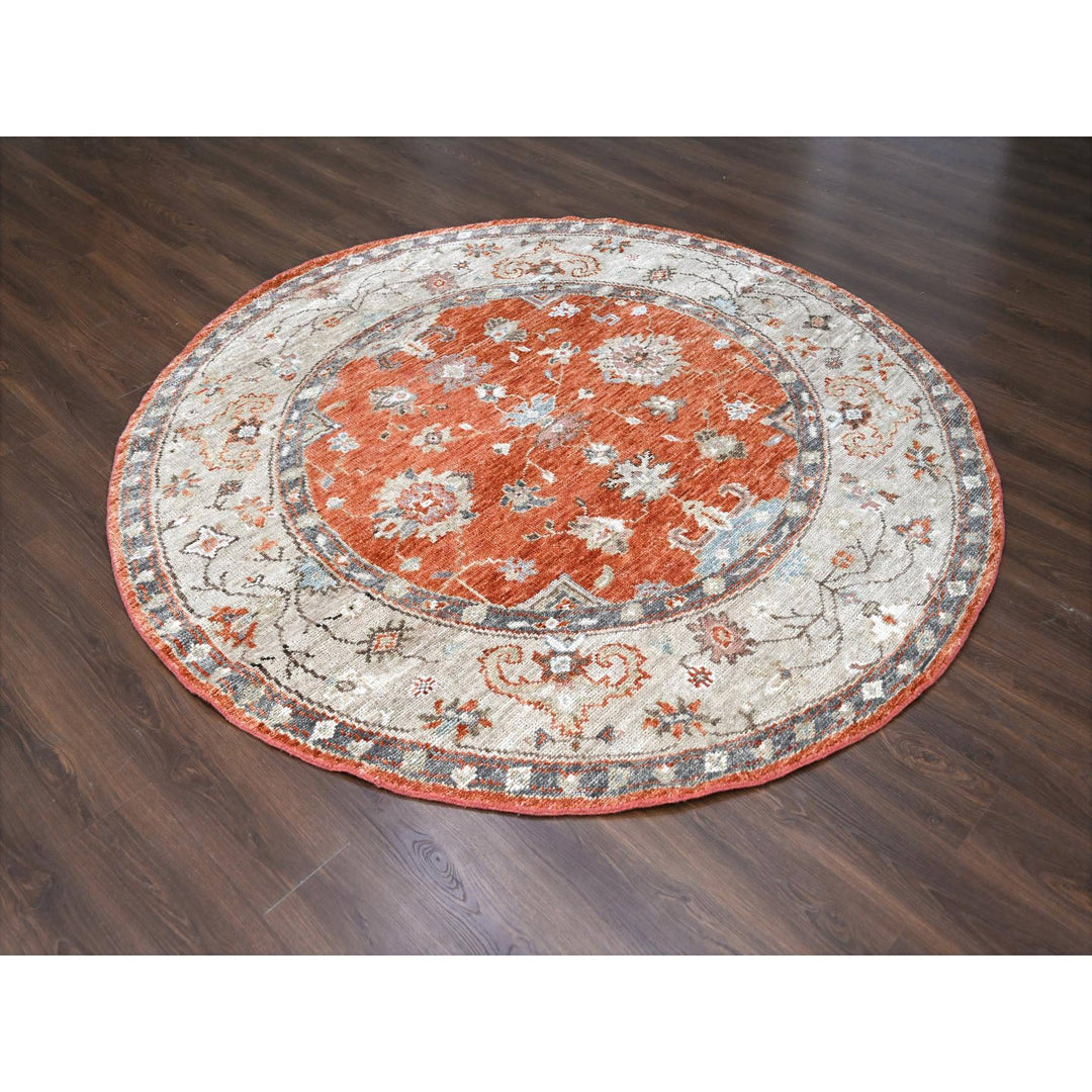 8'0" x 8'0" New Hand Knotted Orange Wool Round Oriental Rug - MOA10284257