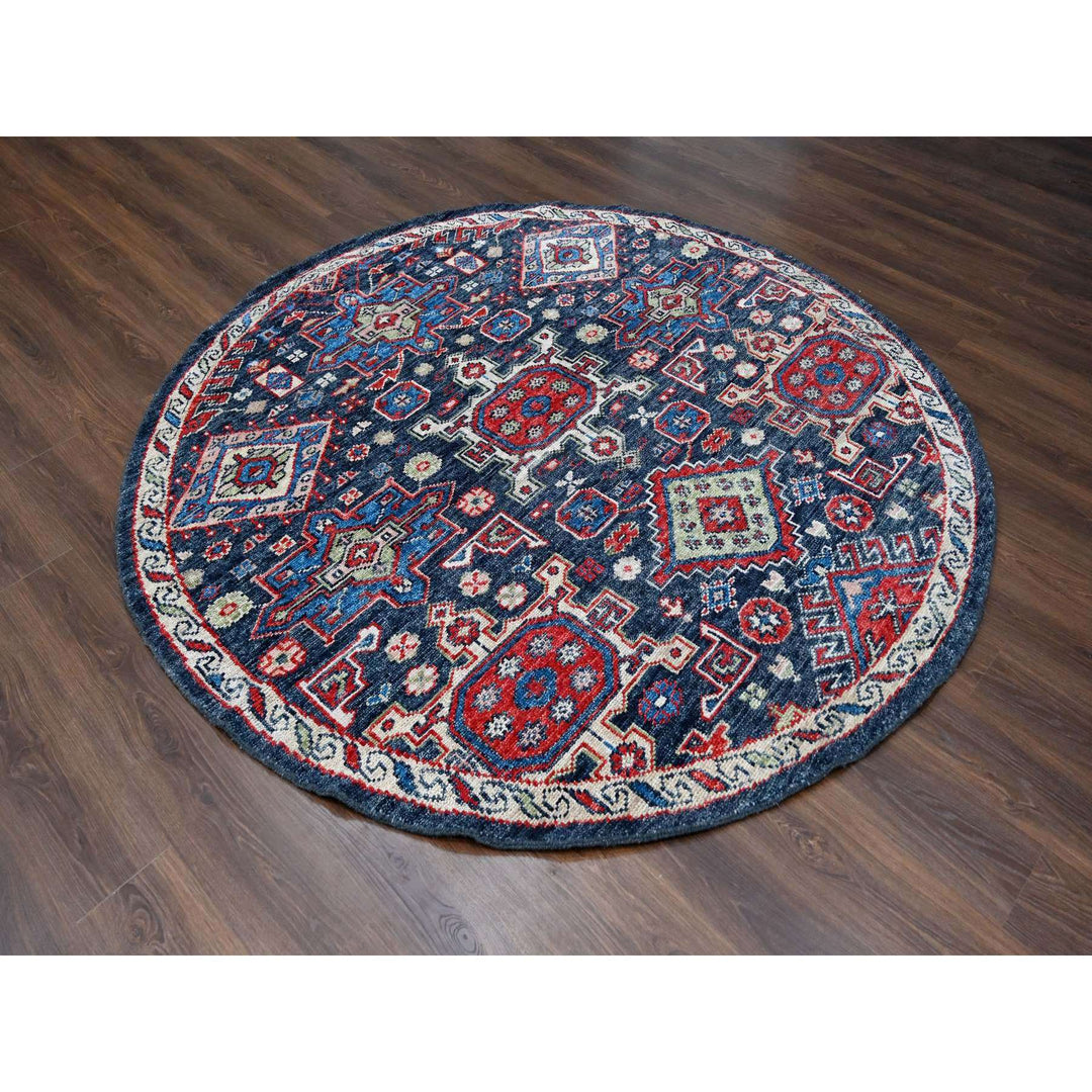 7'9" x 7'9" New Hand Knotted Black Wool Round Oriental Rug - MOA10284319