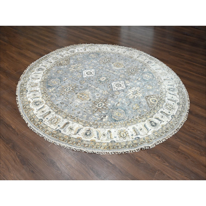 8'10" x 9'0" New Hand Knotted Grey Wool Round Oriental Rug - MOA10284415