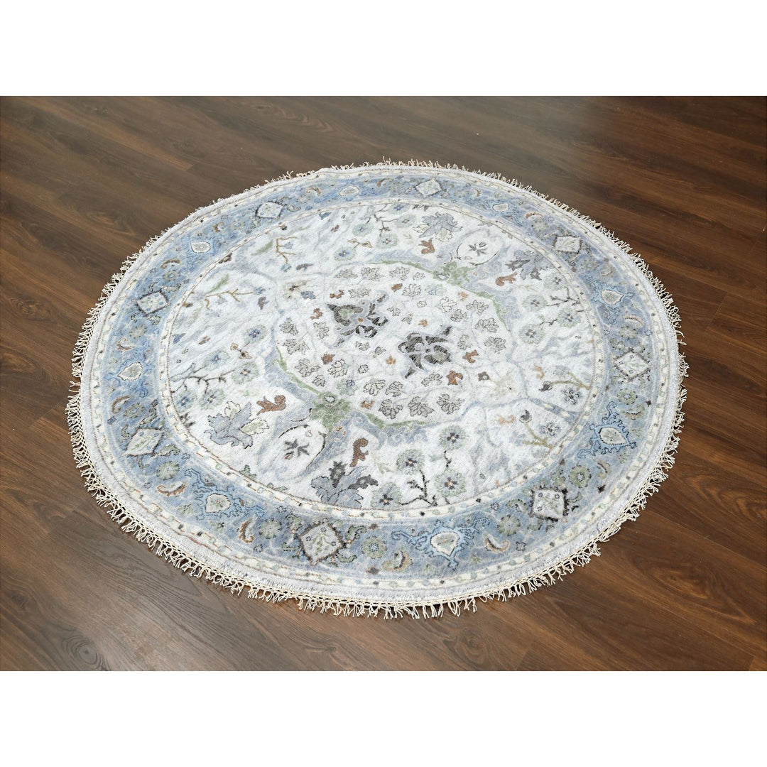 5'0" x 5'0" New Hand Knotted Grey Cotton Round Oriental Rug - MOA10284504