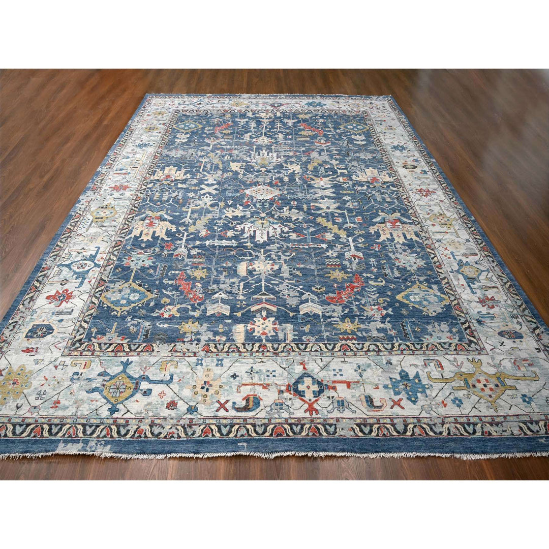 11'10" x 14'11" New Hand Knotted Blue Wool Rectangle Oriental Rug - MOA10284595