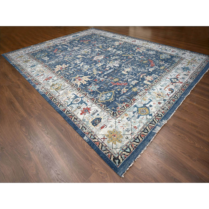 11'10" x 14'11" New Hand Knotted Blue Wool Rectangle Oriental Rug - MOA10284595