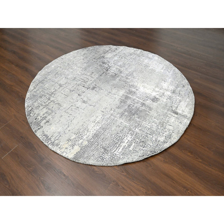 8'0" x 8'0" New Hand Knotted Grey Wool & Silk Round Oriental Rug - MOA10284657