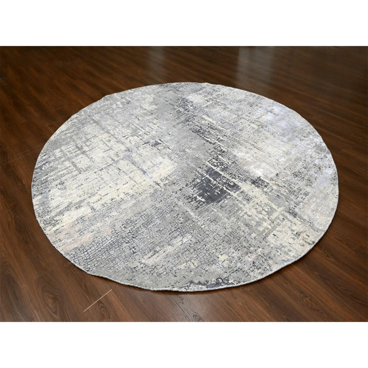 9'10" x 9'10" New Hand Knotted Grey Wool & Silk Round Oriental Rug - MOA10284681