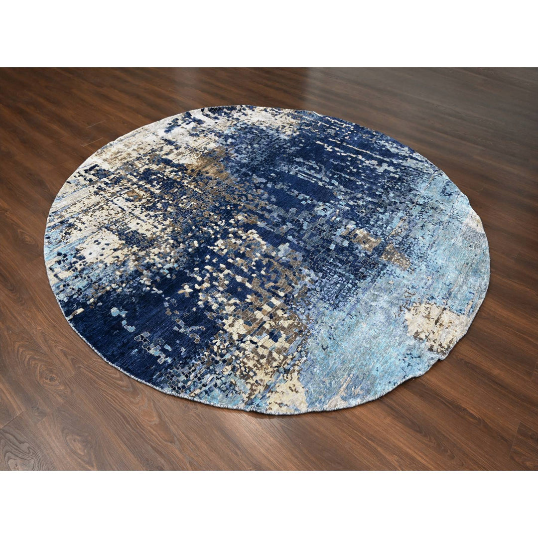 9'9" x 9'9" New Hand Knotted Blue Wool & Silk Round Oriental Rug - MOA10284726