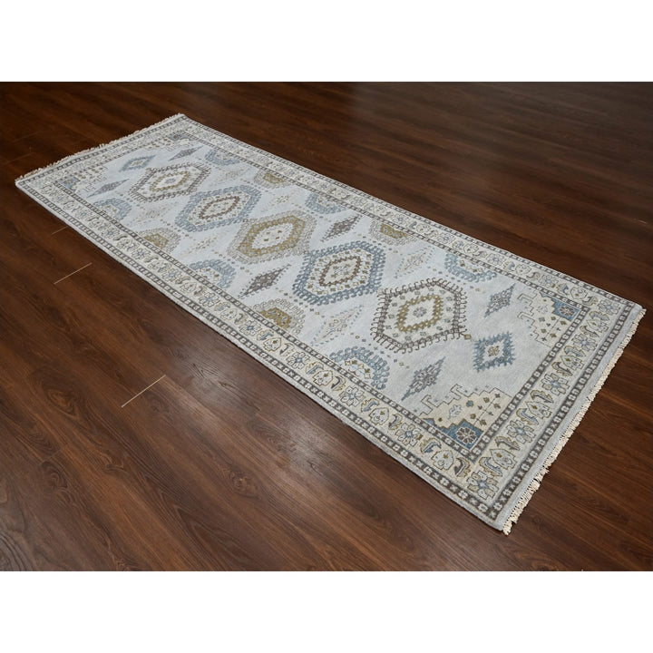 4'0" x 10'1" New Hand Knotted Grey Wool Runner Oriental Rug - MOA10284759