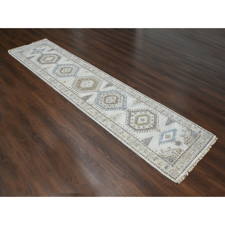 2'9" x 11'10" New Hand Knotted Grey Wool Runner Oriental Rug - MOA10284774