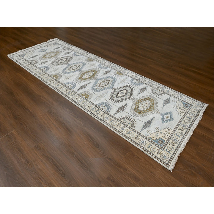 4'3" x 12'0" New Hand Knotted Grey Wool Runner Oriental Rug - MOA10284818