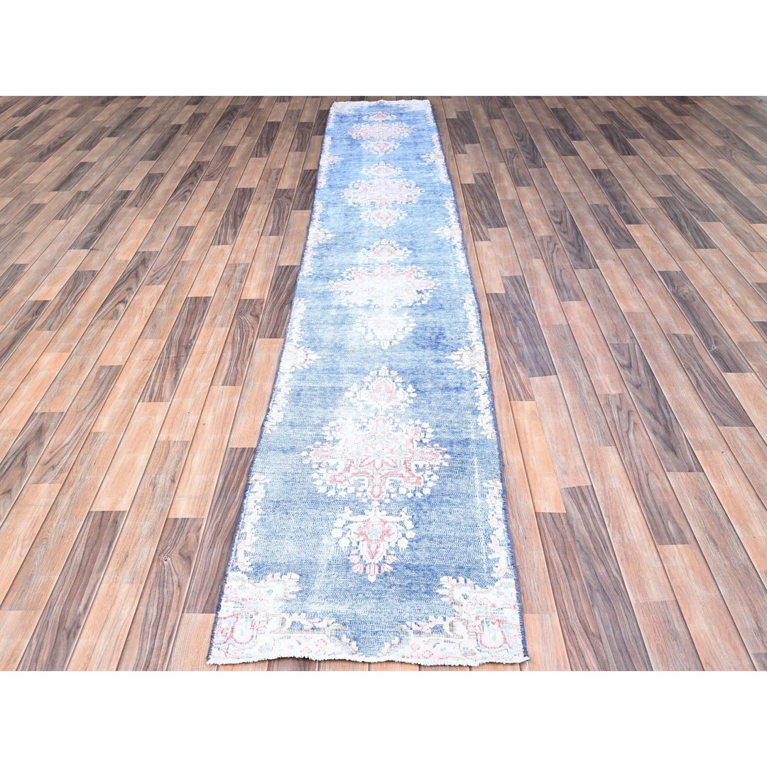 2'1" x 12'0" Vintage Hand Knotted Blue Wool Runner Oriental Rug - MOA10285778