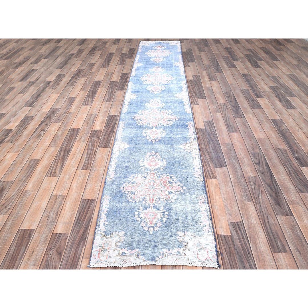 2'1" x 11'9" Vintage Hand Knotted Blue Wool Runner Oriental Rug - MOA10285779