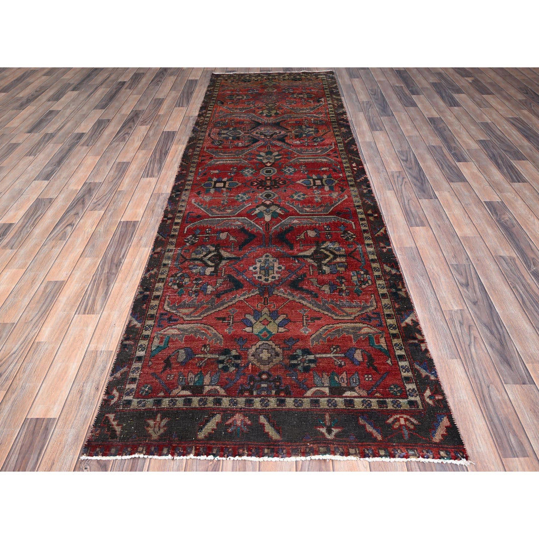 3'4" x 10'5" Vintage Hand Knotted Red Wool Runner Oriental Rug - MOA10286024