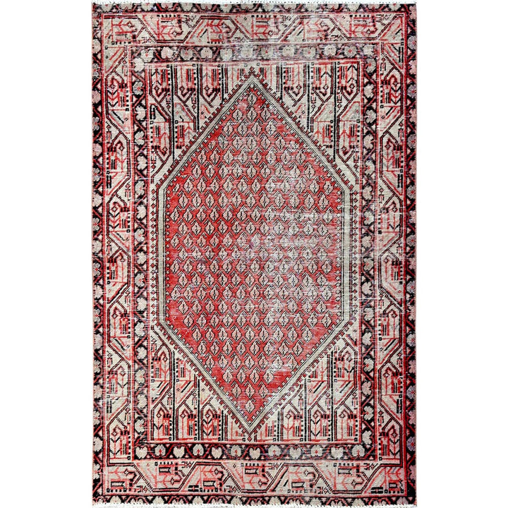 3'10" x 6'1" Vintage Hand Knotted Red Wool Rectangle Oriental Rug - MOA102861