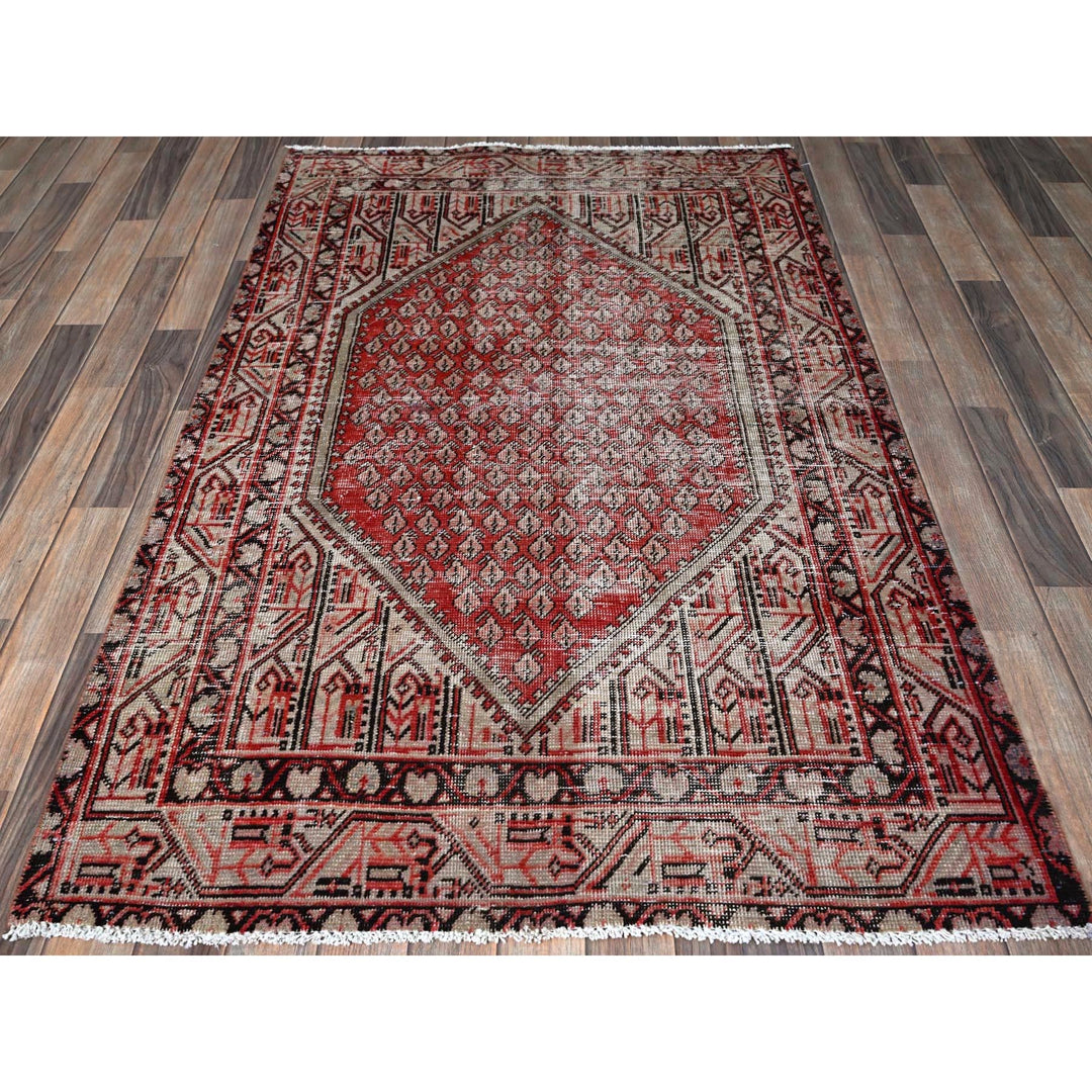 3'10" x 6'1" Vintage Hand Knotted Red Wool Rectangle Oriental Rug - MOA102861