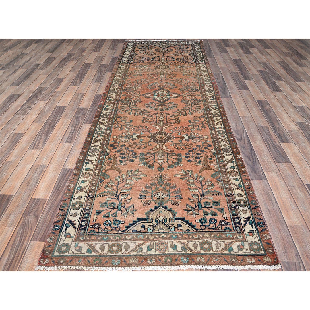 3'5" x 10'2" Vintage Hand Knotted Red Wool Runner Oriental Rug - MOA10286642